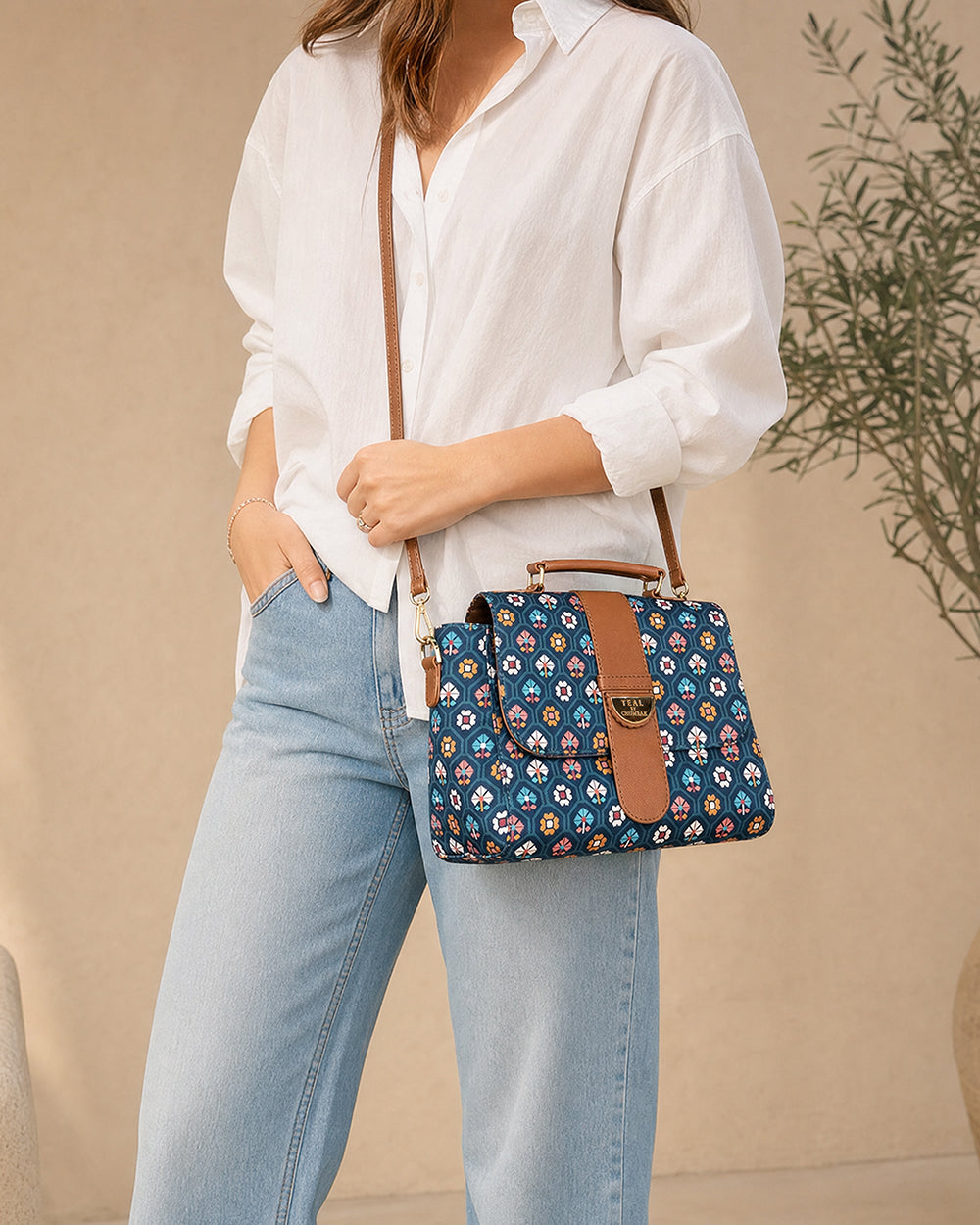 Teal by Chumbak Pixel Flower Duffle Crossbody Bag