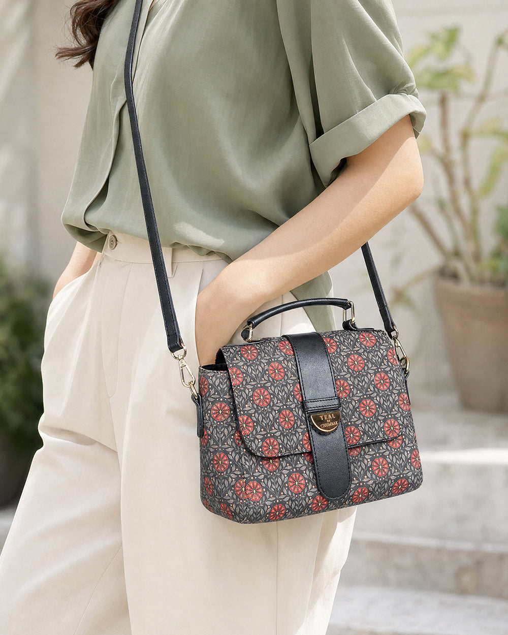 Teal by Chumbak Crimson Phool Duffle Crossbody Bag