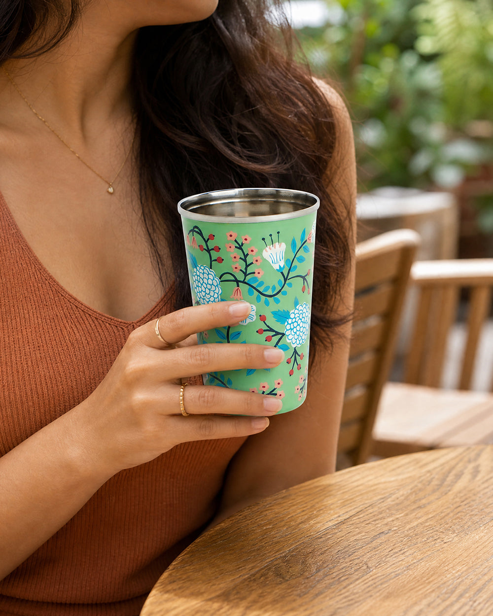 Green Floral Steel Tumbler Large