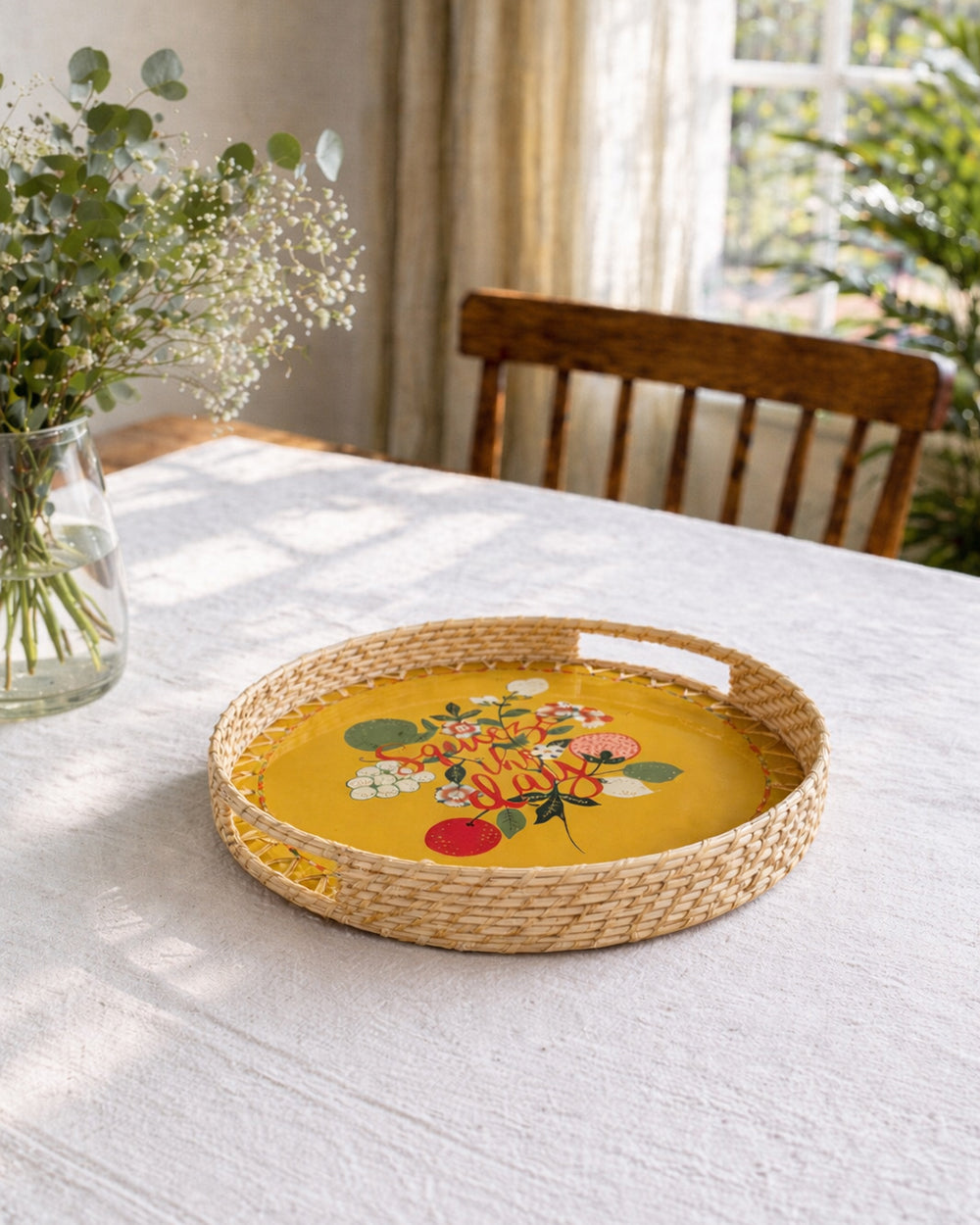 Squeeze the Day Rattan Carry Tray ( Round) | Citrus Zest