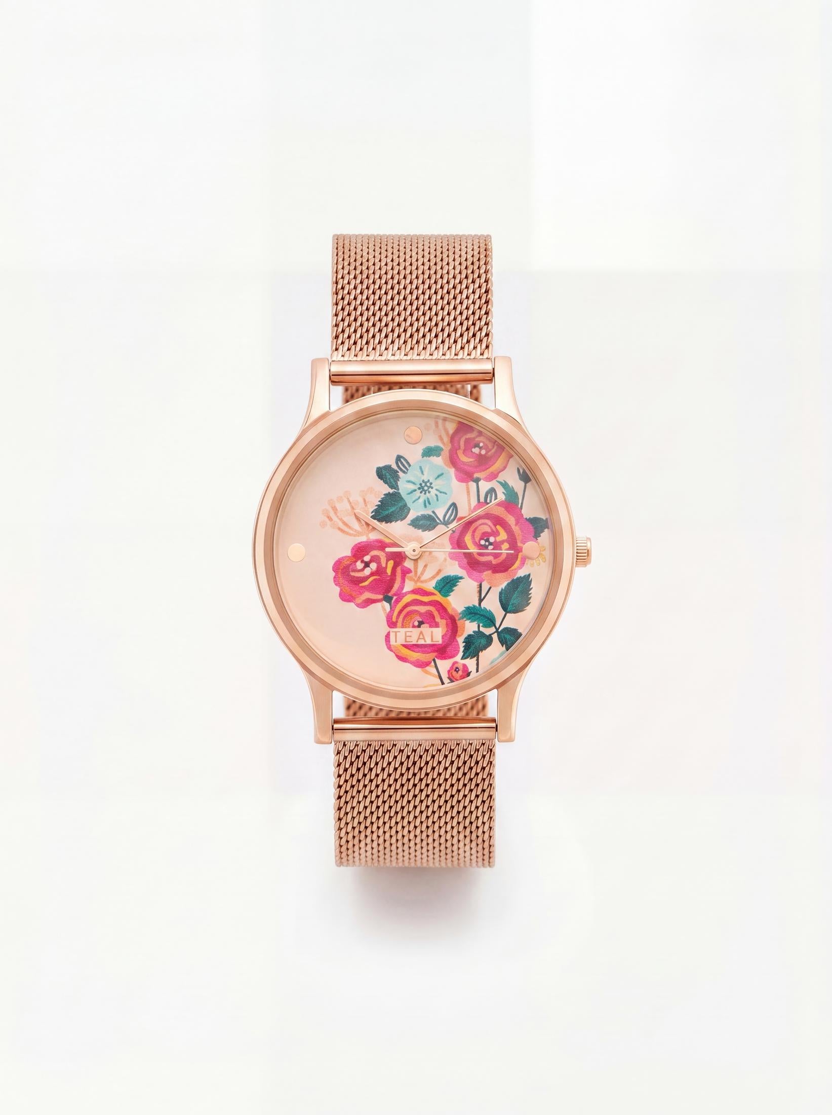 TEAL by Chumbak Rose Garden Watch, Metal Mesh Strap