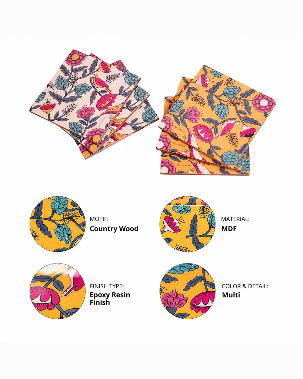 Country Wooden Coasters - Set of 6, 4” x 4”