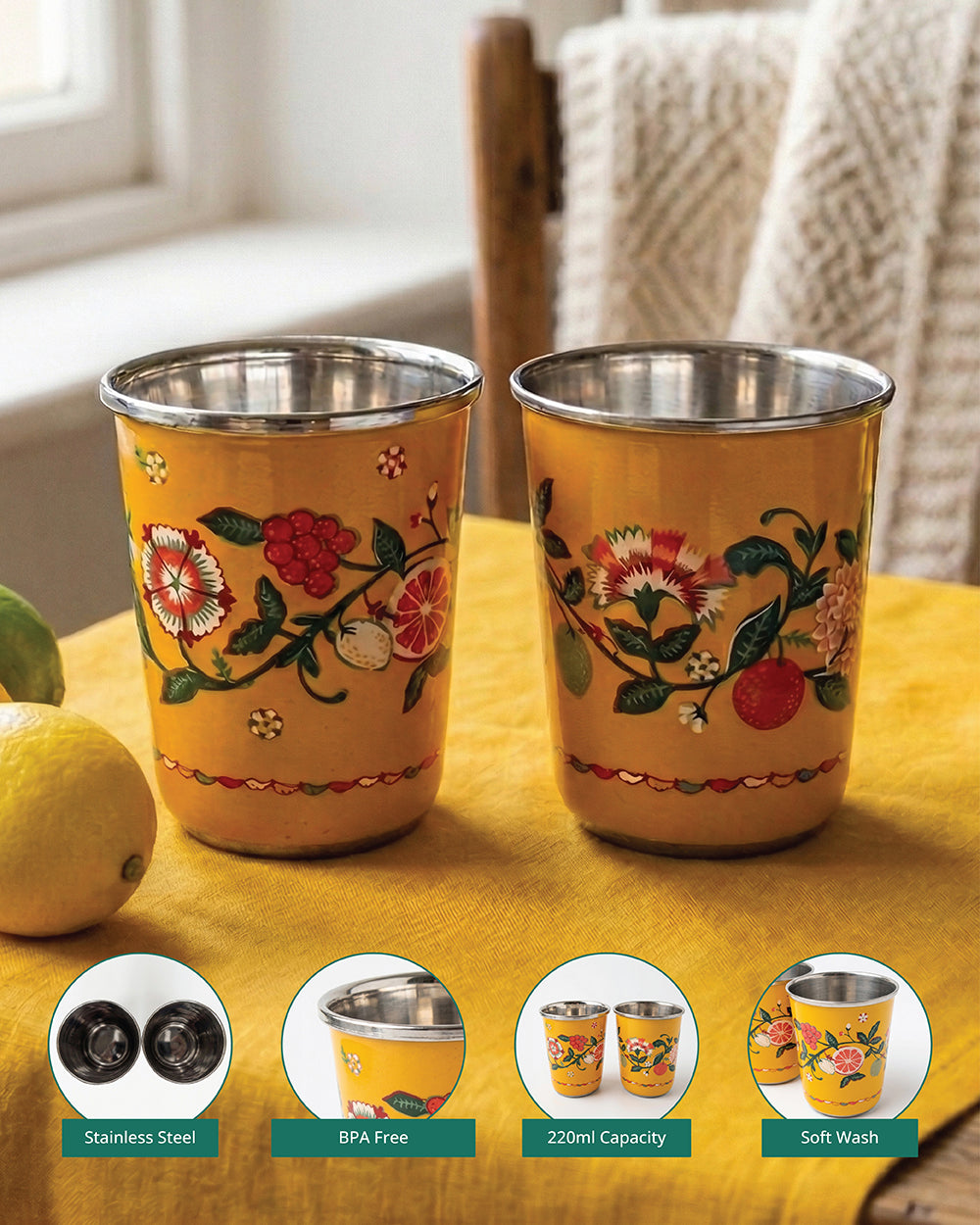 Limonata Steel Tumblers - Set of 2, 220 ml | Citrus Zest