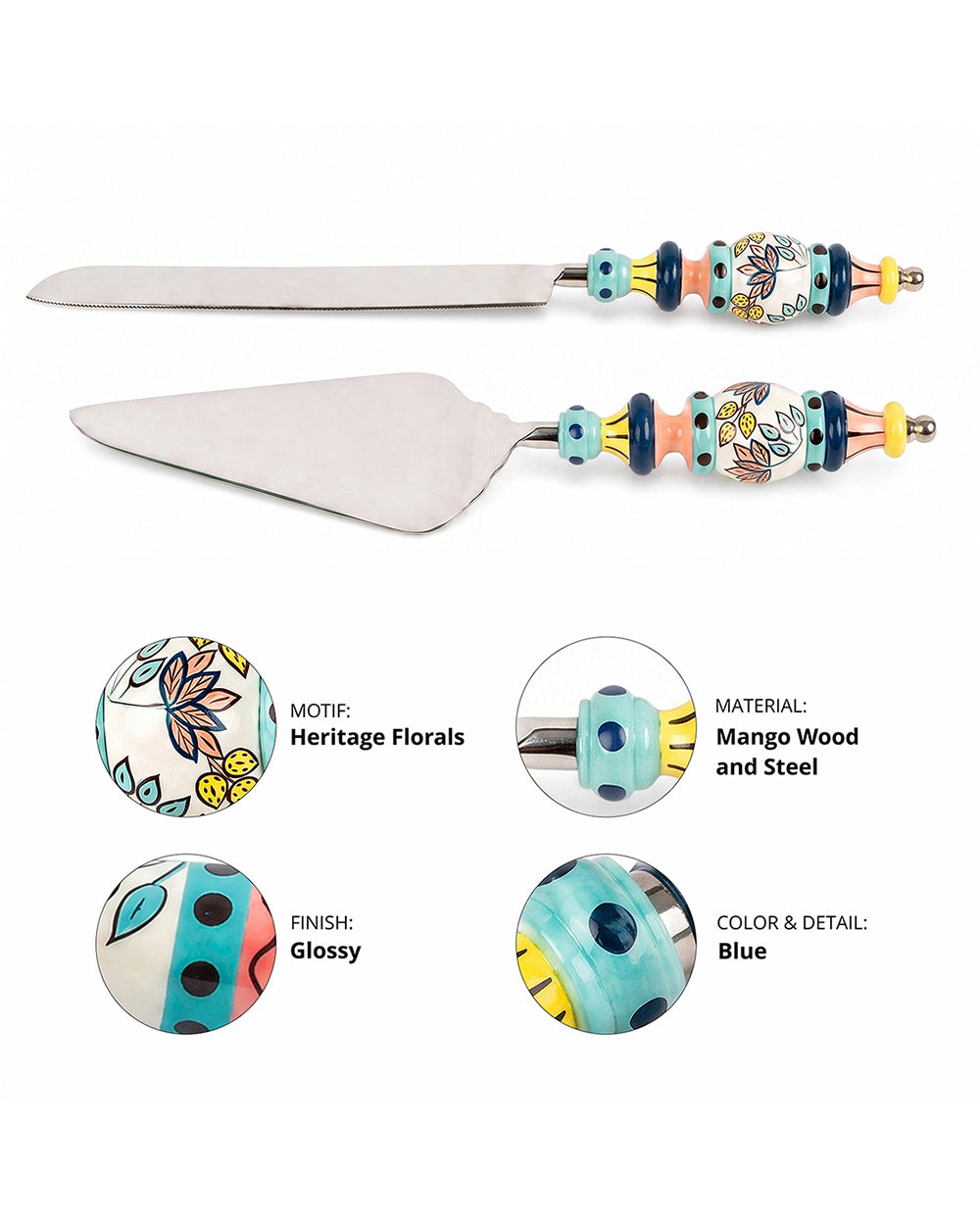 Folk Floral Cake Server Set- Blue