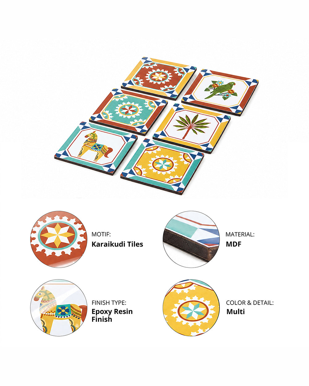 Karaikudi Tiles Coasters, Set of 6
