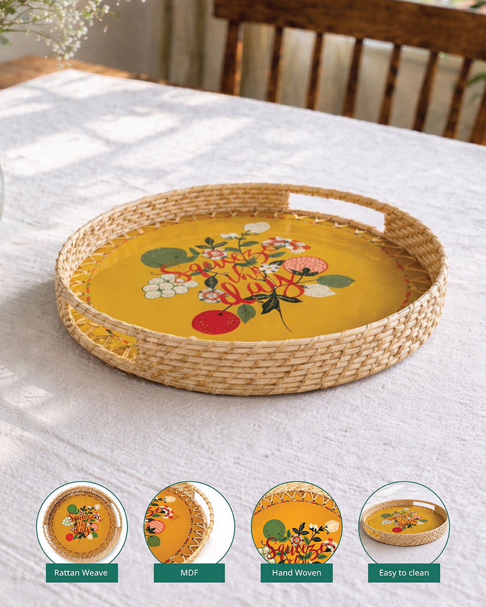 Squeeze the Day Rattan Carry Tray ( Round) | Citrus Zest