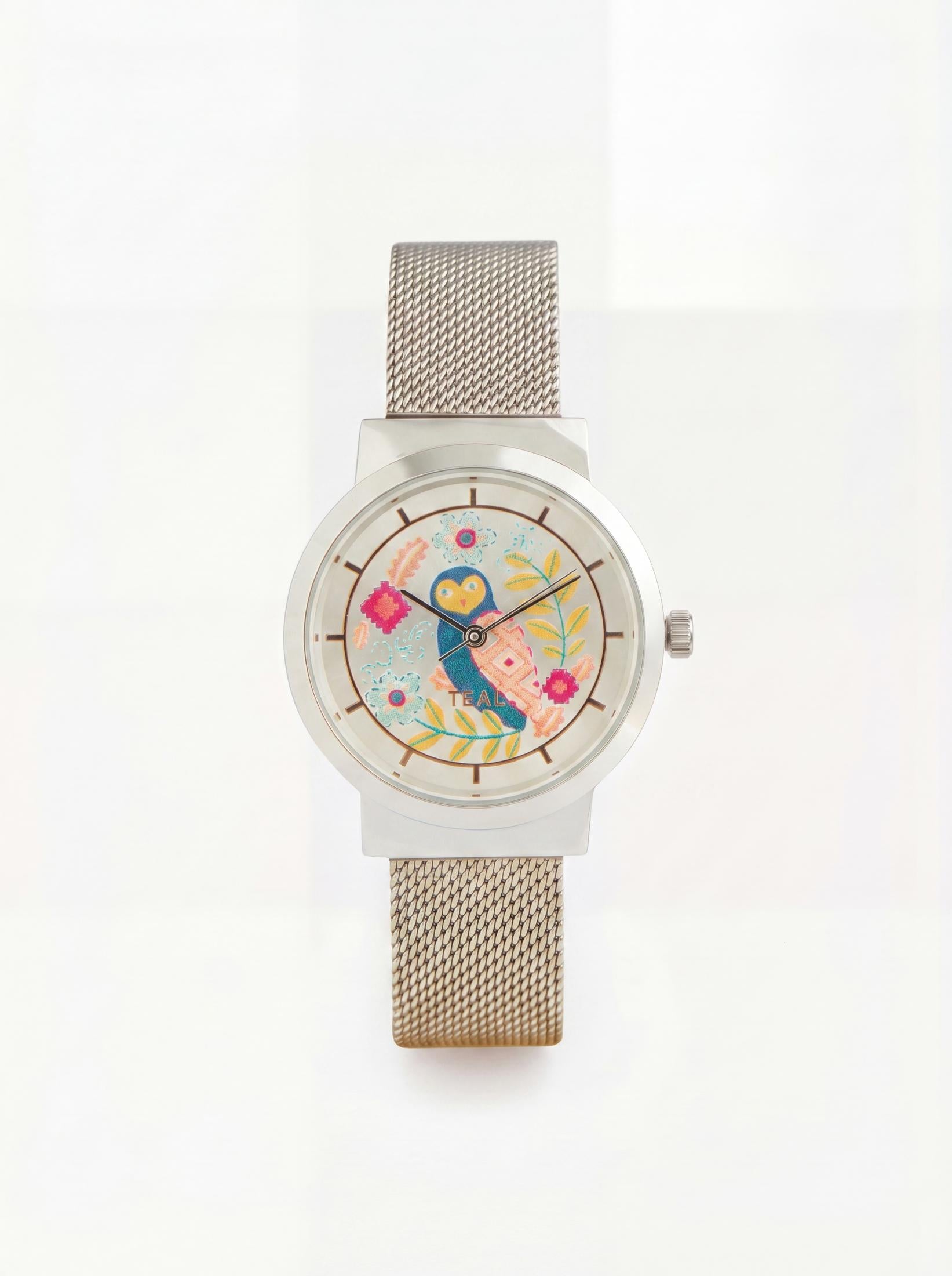 Teal by Chumbak Owlsome Watch | Metal Mesh Strap - Silver