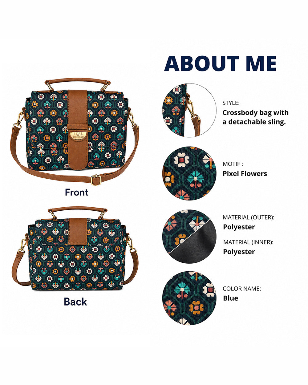 Teal by Chumbak Pixel Flower Duffle Crossbody Bag