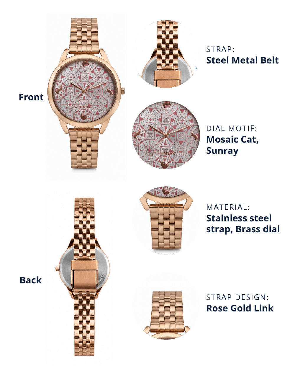 Teal by Chumbak Mosaic Meow Watch | Rose Gold Dial, Mesh Strap