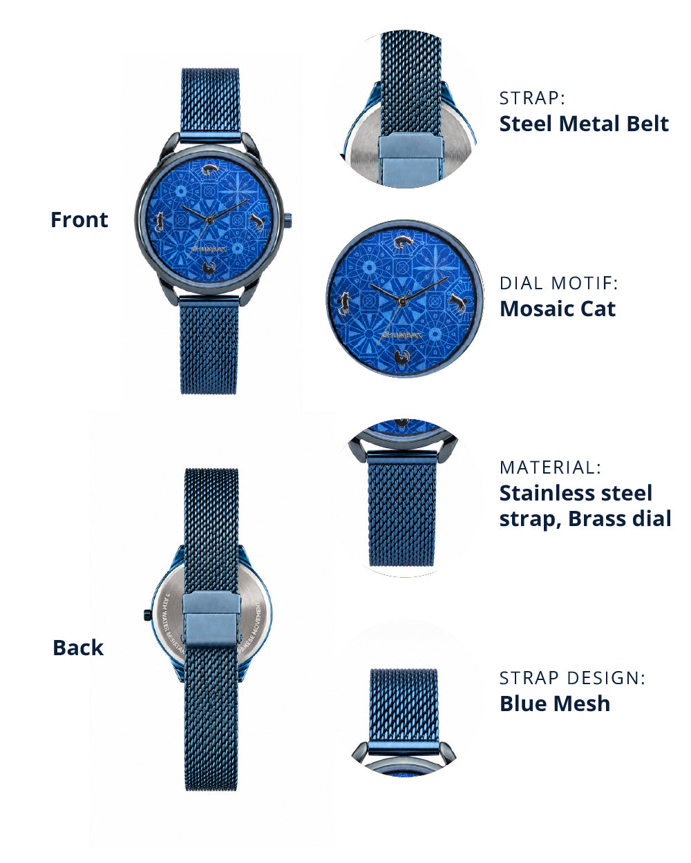 Teal by Chumbak Mosaic Meow Watch | Blue Dial, Mesh Strap