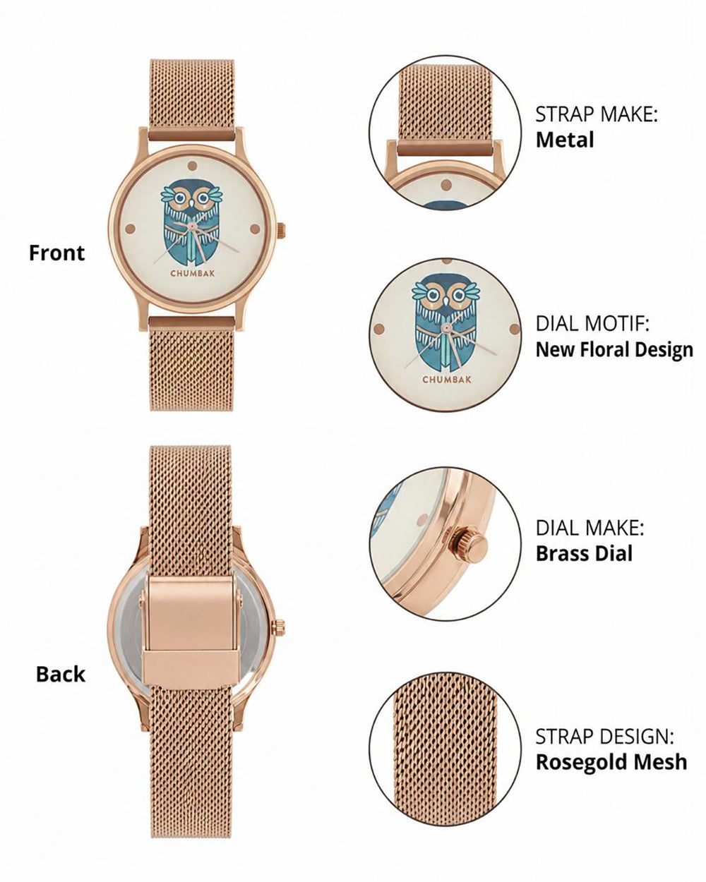 TEAL by Chumbak Vintage Owl Watch, Metal Mesh Strap