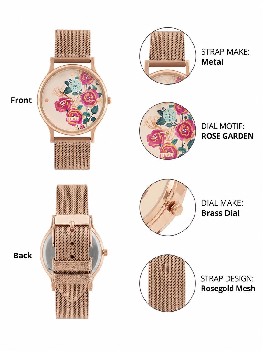 TEAL by Chumbak Rose Garden Watch, Metal Mesh Strap