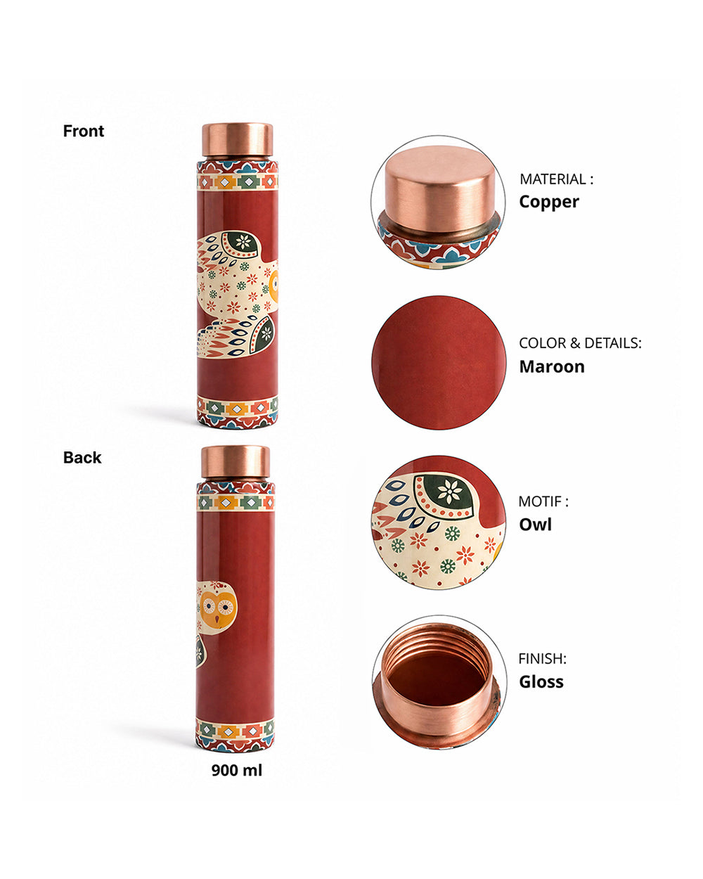Wise Owl Copper Bottle - 900 ml | Forest Folklore