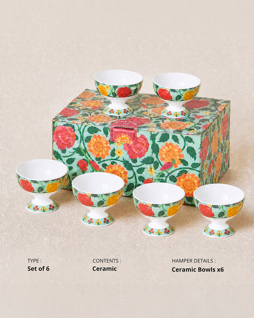 Rani Bagh Dessert Bowls Gift Set - Set of 6, 160 ml | Palace Memoirs
