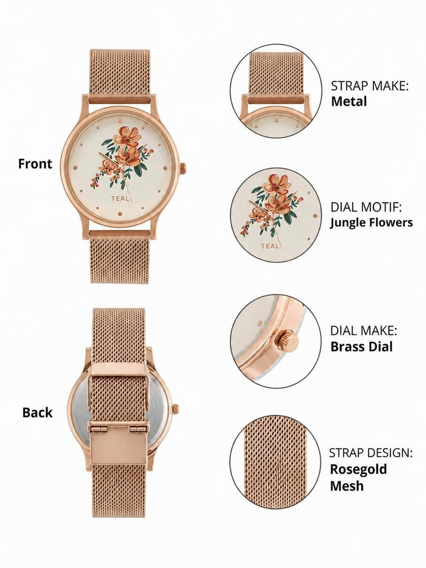 TEAL by Chumbak Jungle Flowers Watch, Metal Mesh Strap