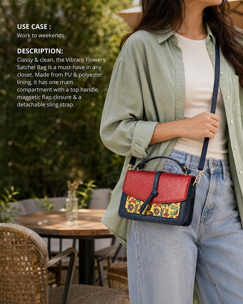 Vibrant Flowers Satchel Bag - Red