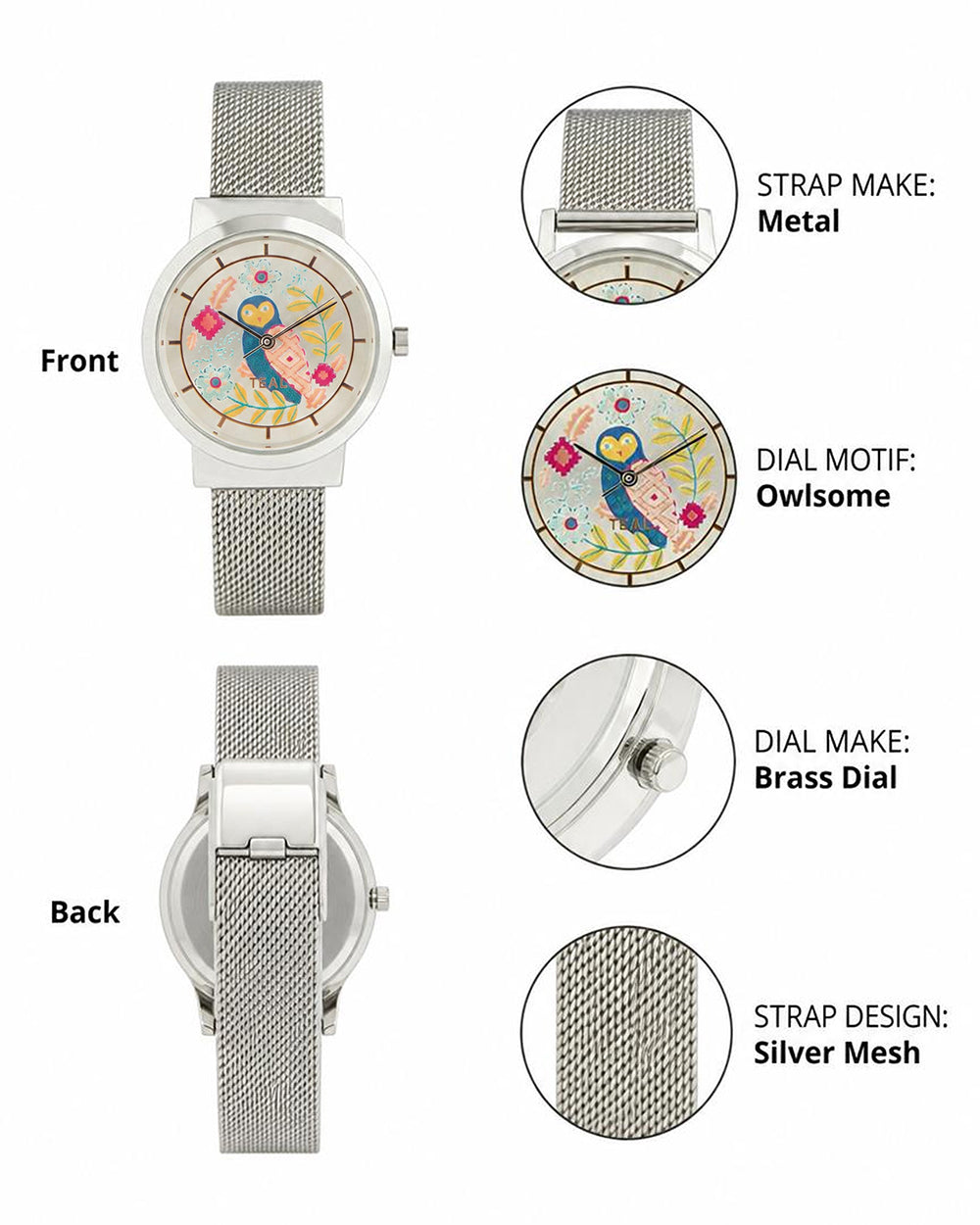 Teal by Chumbak Owlsome Watch | Metal Mesh Strap - Silver