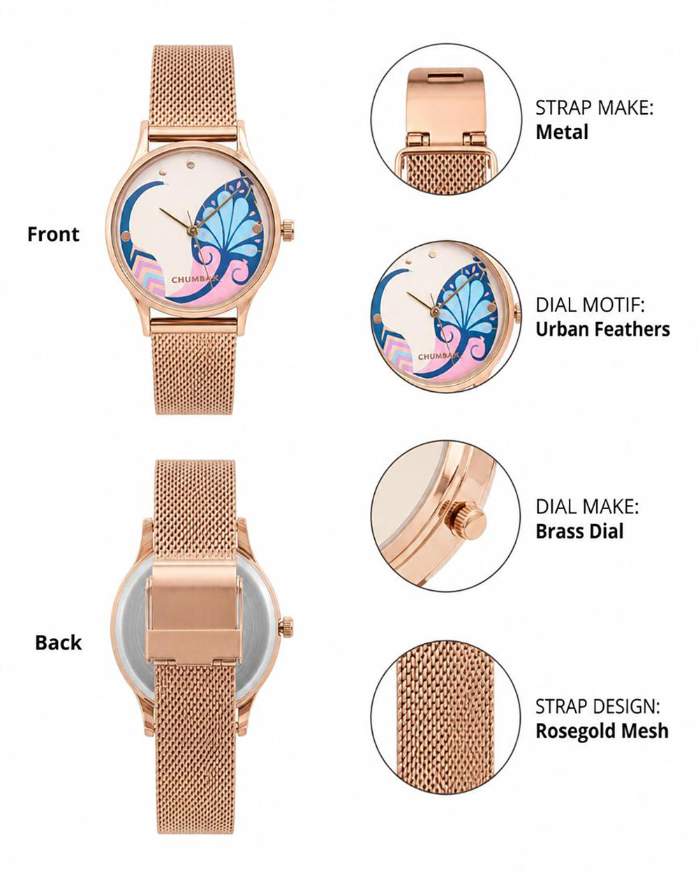 Teal By Chumbak | Urban feathers Watch - Metal Mesh Strap