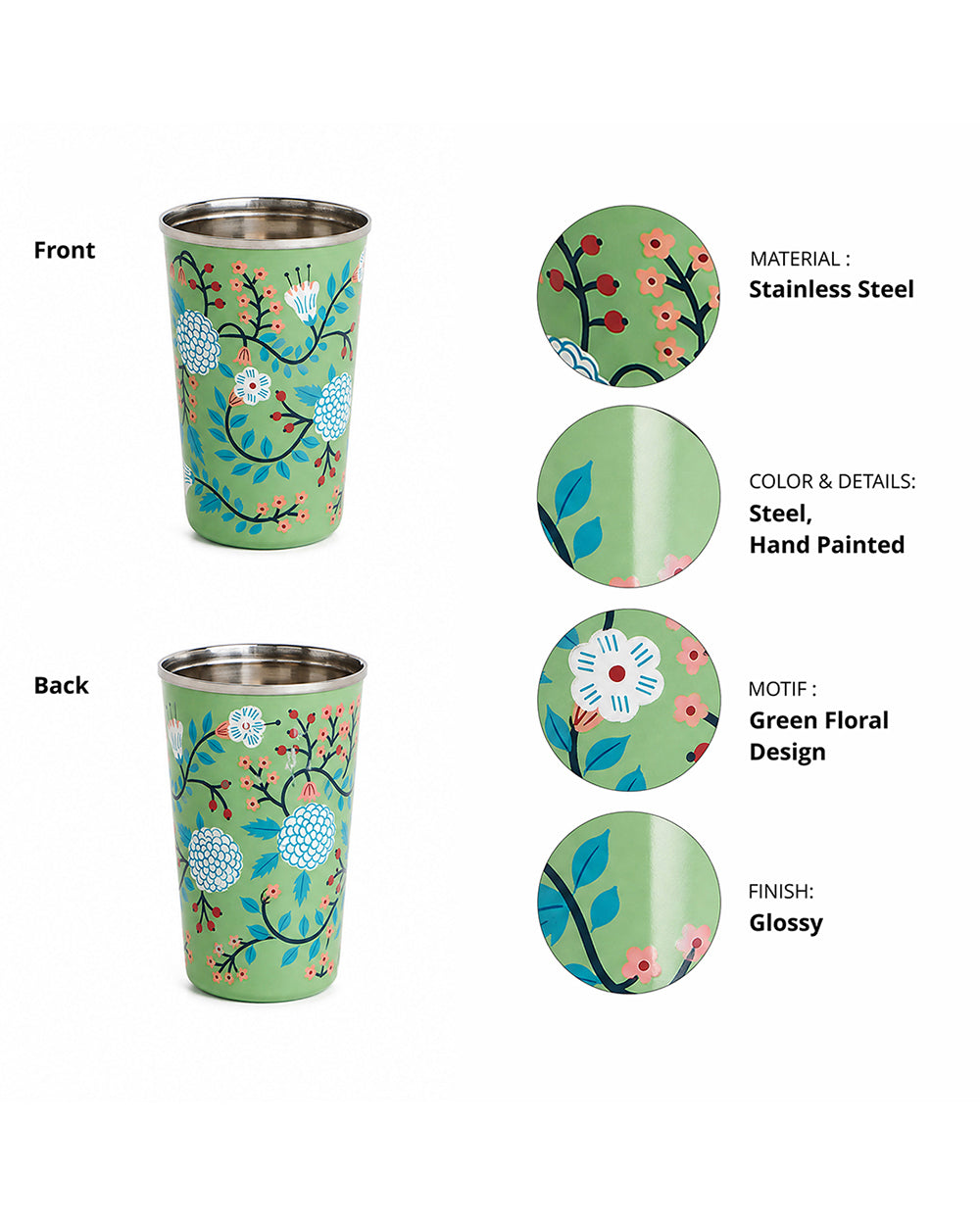 Green Floral Steel Tumbler Large