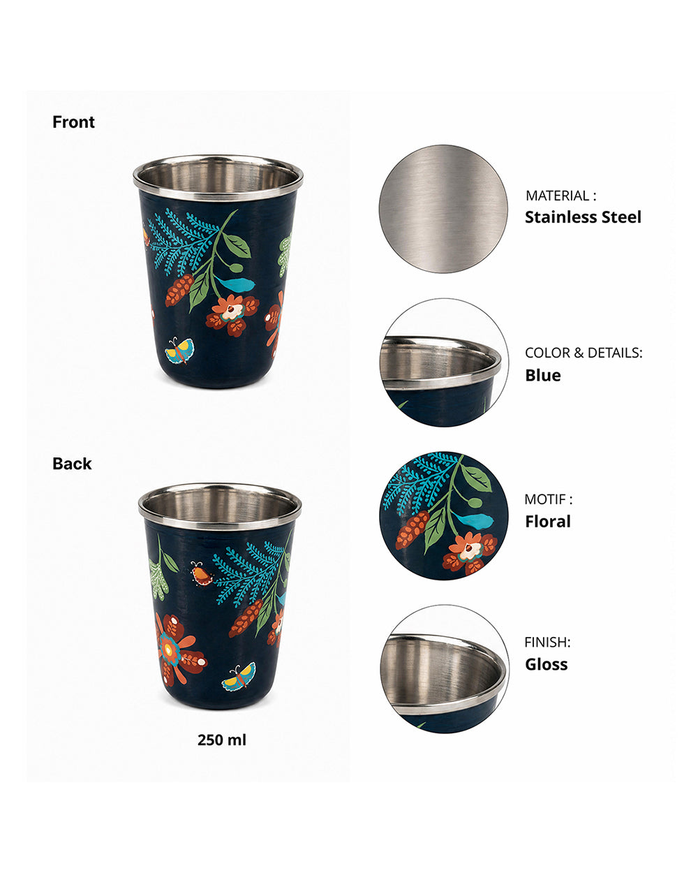 Bloom Steel Tumbler - 250 ml, Handpainted| Forest Folklore