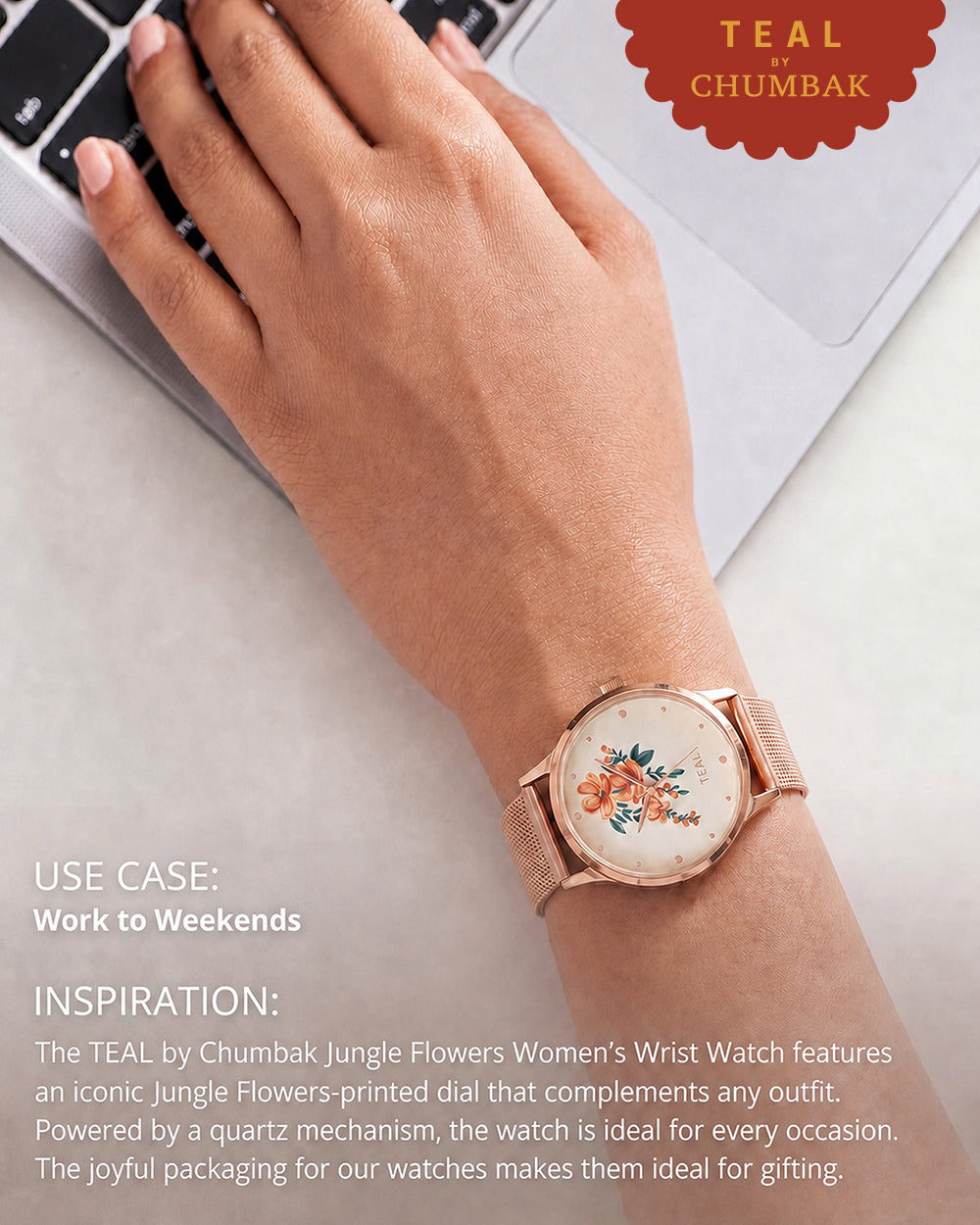 TEAL by Chumbak Jungle Flowers Watch, Metal Mesh Strap