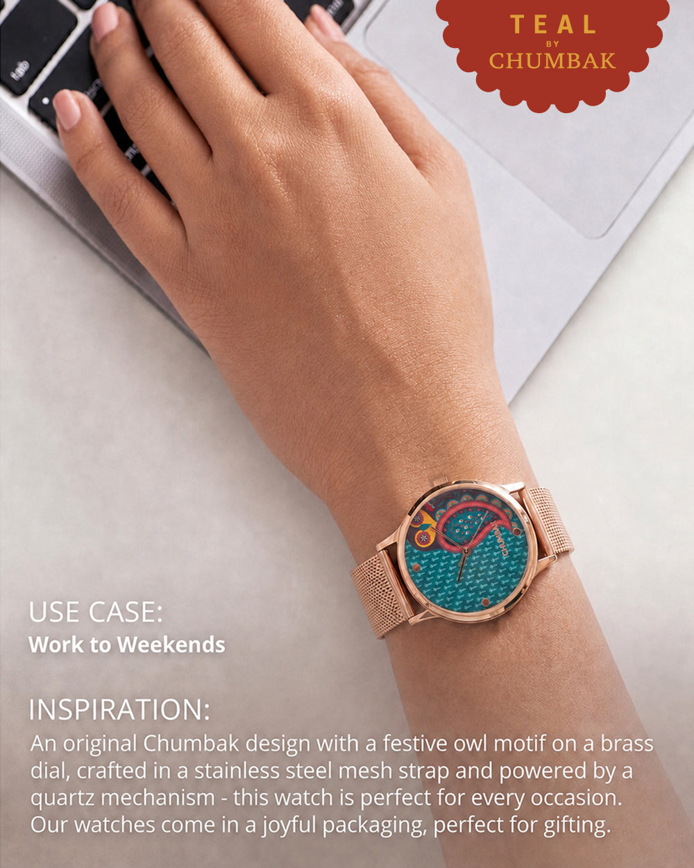 Teal by Chumbak Folk Owl Watch,Stainless Steel Mesh Strap