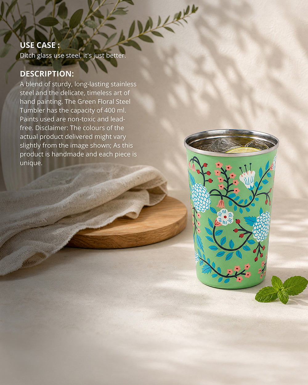 Green Floral Steel Tumbler Large