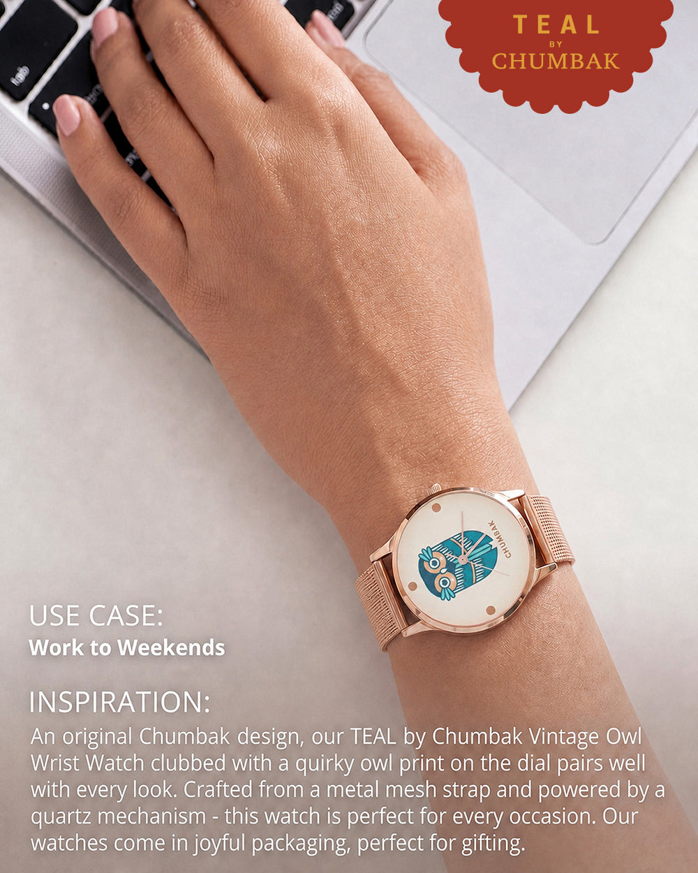 TEAL by Chumbak Vintage Owl Watch, Metal Mesh Strap