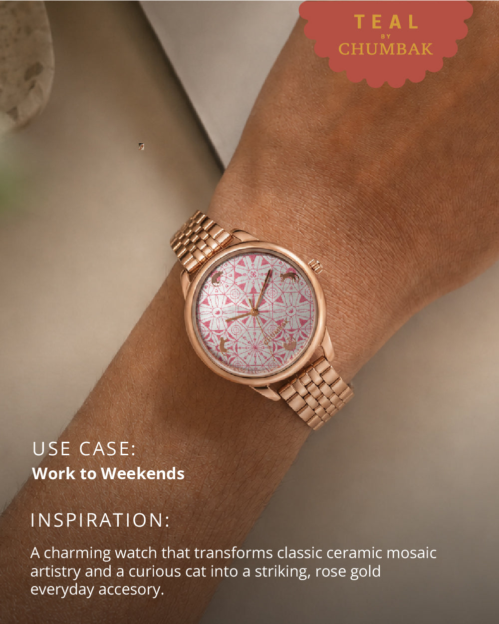 Teal by Chumbak Mosaic Meow Watch | Rose Gold Dial, Mesh Strap