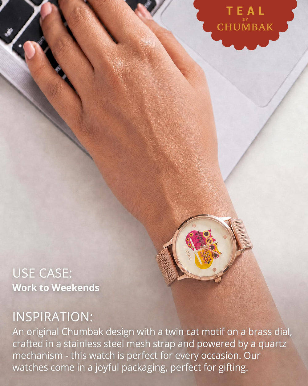 Teal by Chumbak Being Catty Watch,
Stainless Steel Mesh Strap