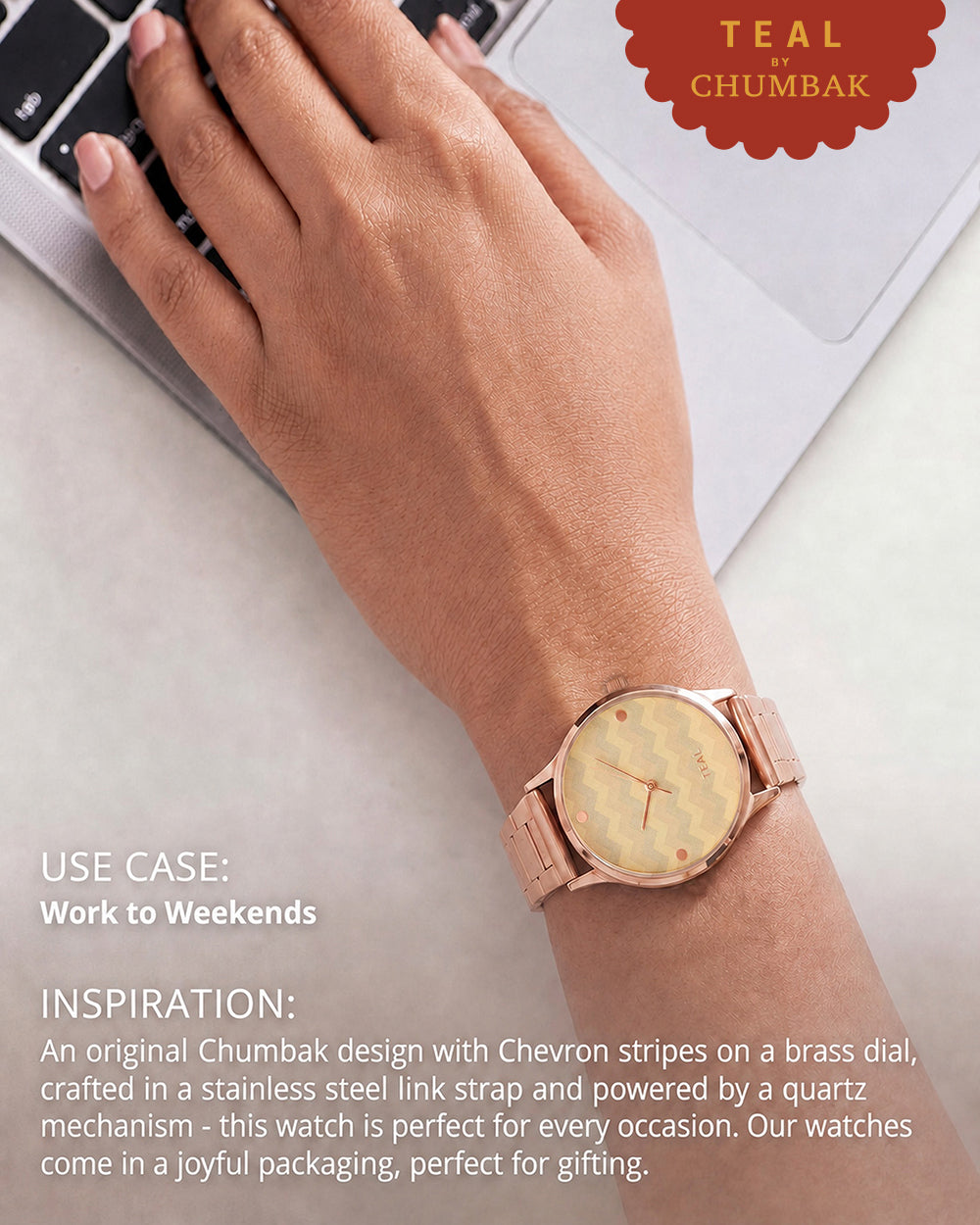 Teal by Chumbak Chevron Watch,Stainless Steel Link Strap