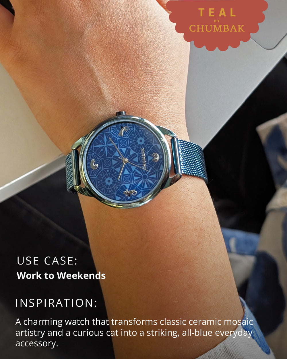 Teal by Chumbak Mosaic Meow Watch | Blue Dial, Mesh Strap