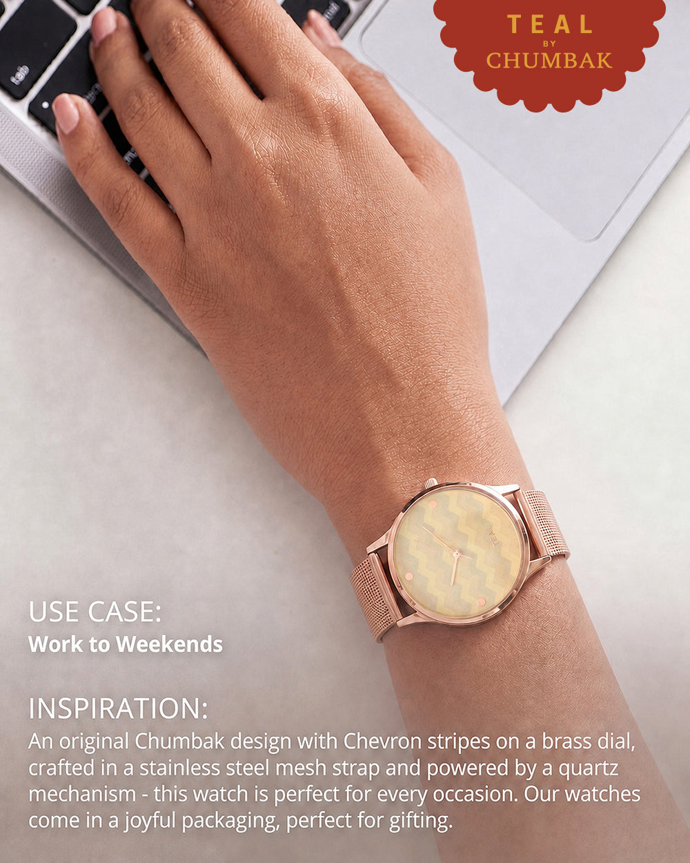 Teal by Chumbak Chevron Watch,Stainless Steel Mesh Strap