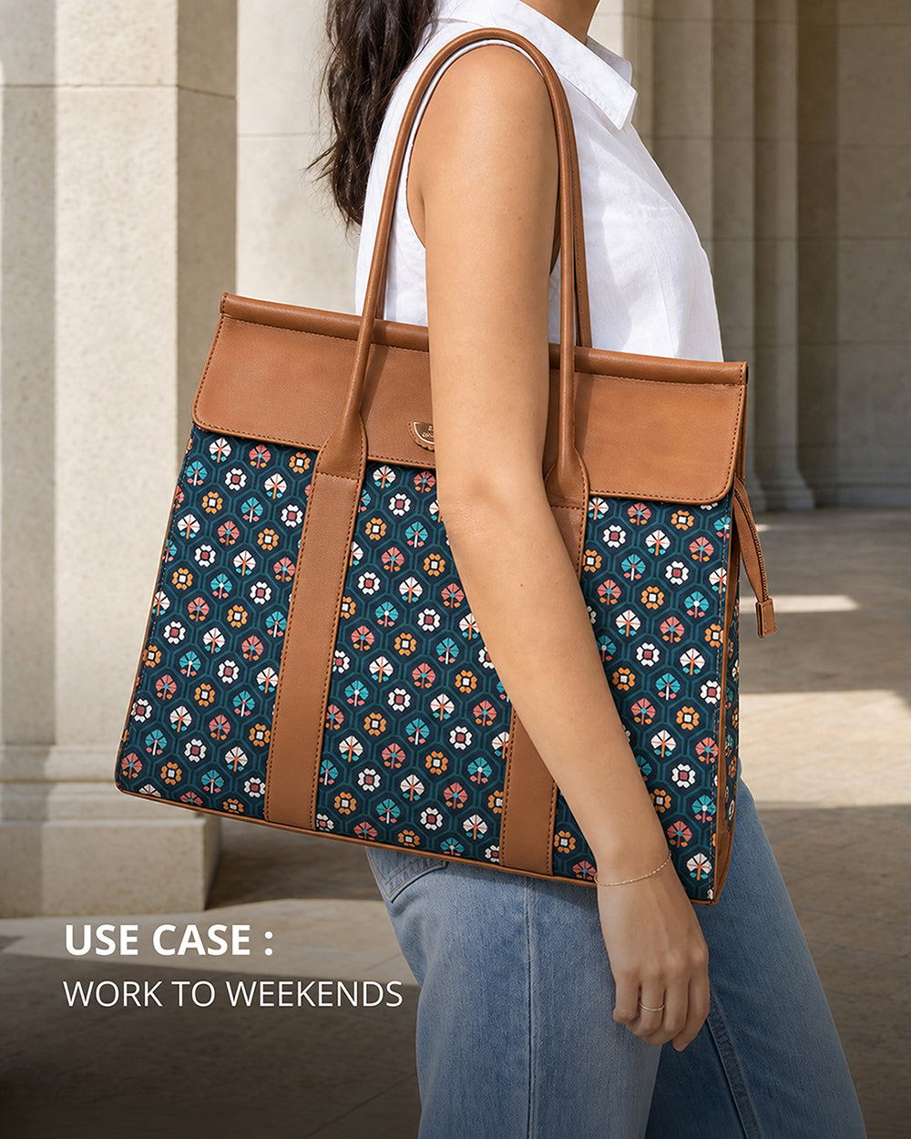 Teal by Chumbak Pixel Flower Flap Work Tote