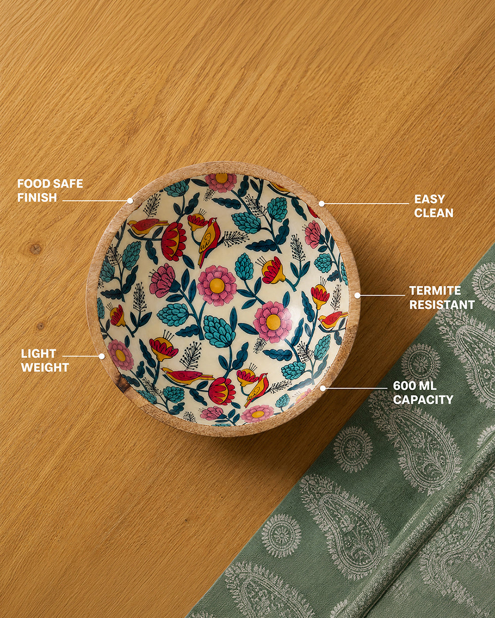 Country Wooden Large Bowl - Floral, 8”x 8” x 3.5”