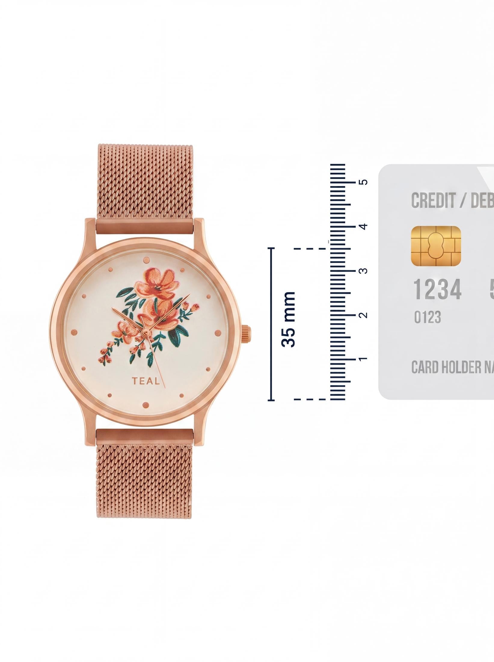 TEAL by Chumbak Jungle Flowers Watch, Metal Mesh Strap