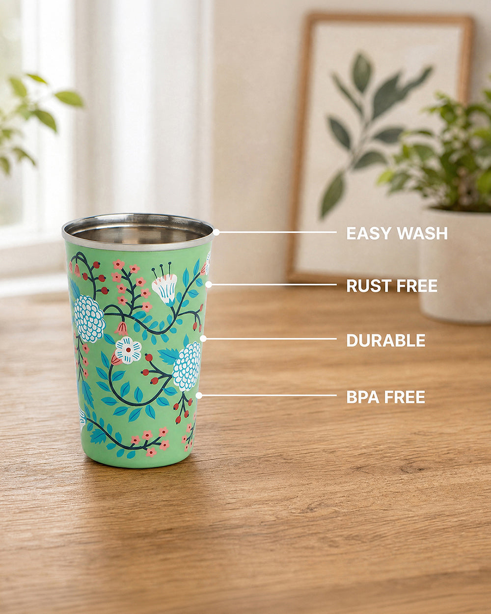 Green Floral Steel Tumbler Large