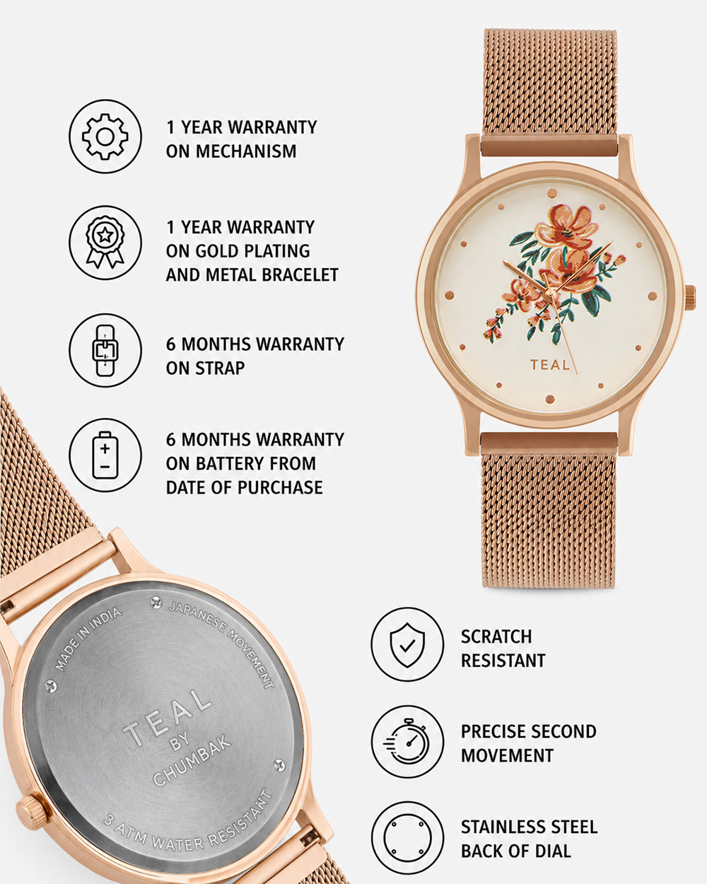 TEAL by Chumbak Jungle Flowers Watch, Metal Mesh Strap