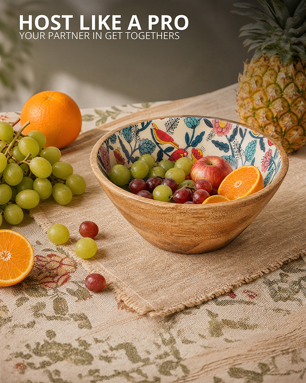 Country Wooden Large Bowl - Floral, 8”x 8” x 3.5”