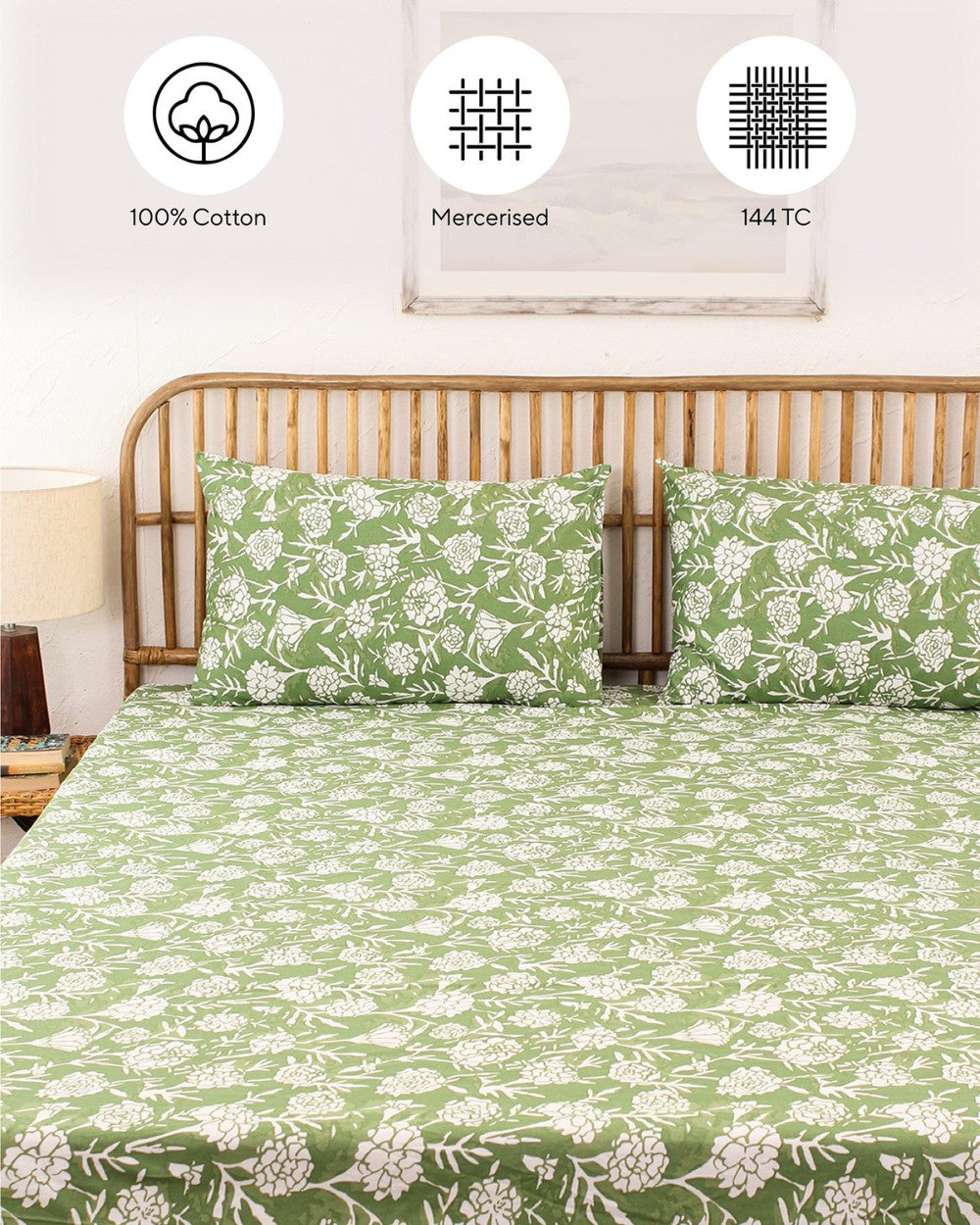 Genda Phool, Green - Queen Size Bedsheet Set 144TC