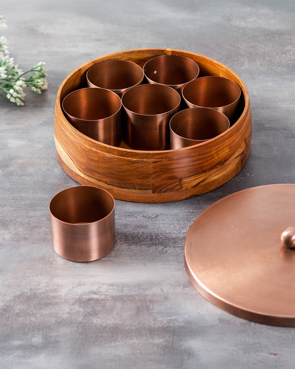 Classic Acacia Wood Masala Box - Copper