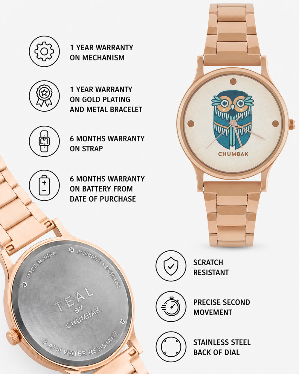 TEAL by Chumbak Vintage Owl Watch, Metal link Strap