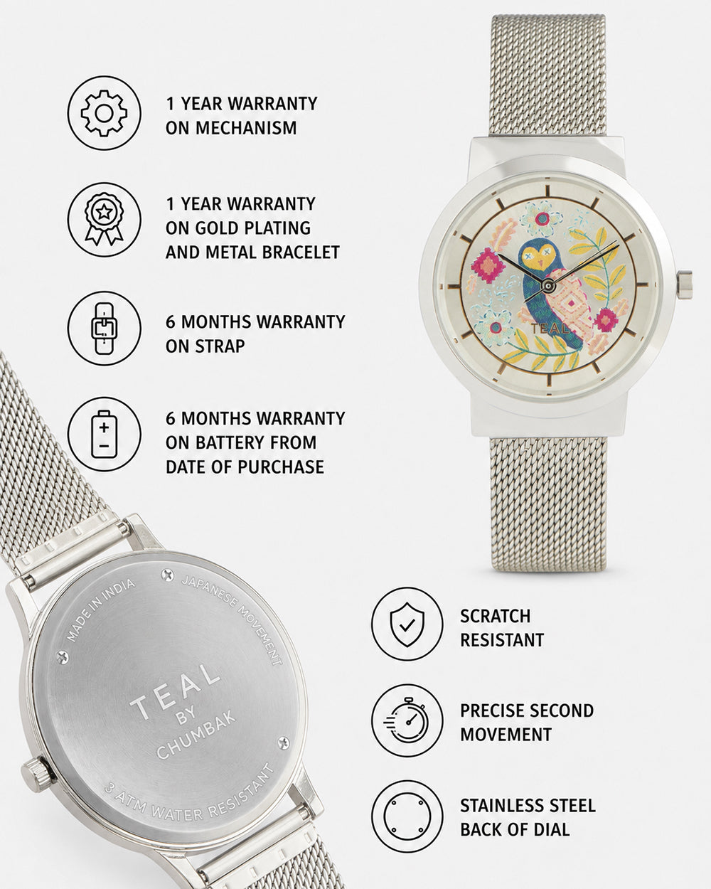 Teal by Chumbak Owlsome Watch | Metal Mesh Strap - Silver