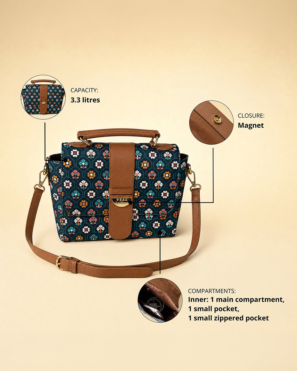 Teal by Chumbak Pixel Flower Duffle Crossbody Bag