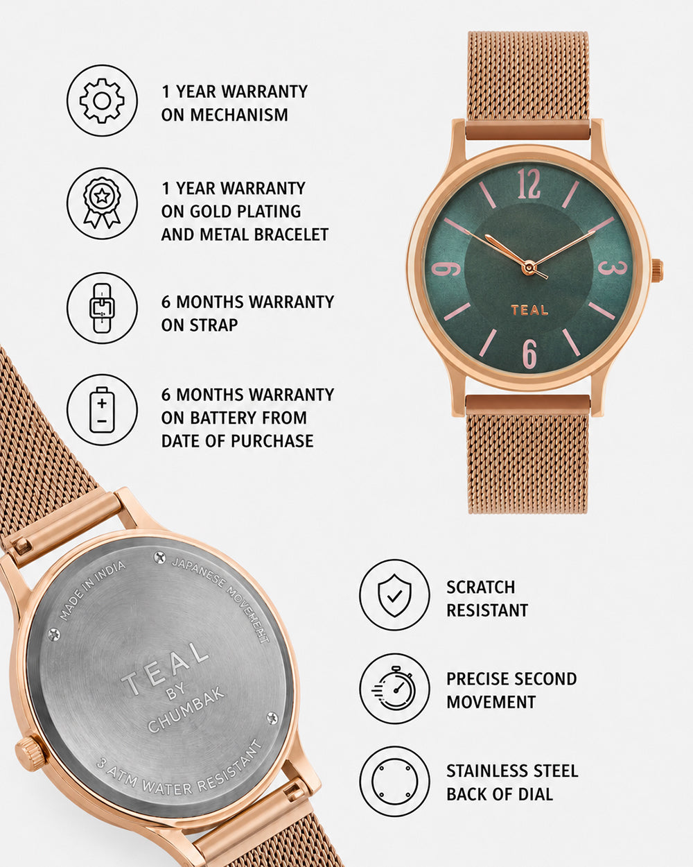 TEAL by Chumbak Forest Jade Watch, Metal Mesh Strap