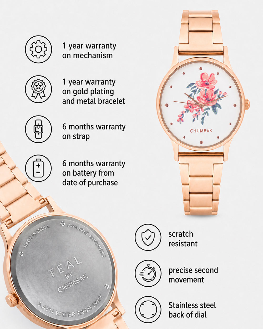 TEAL by Chumbak Jungle Flowers Watch, Metal link Strap