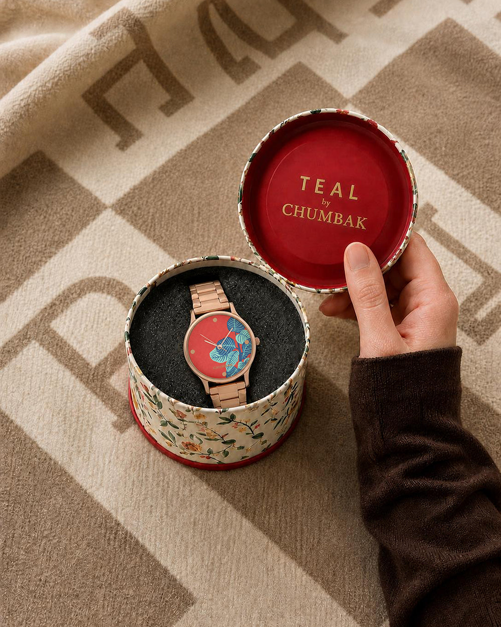 TEAL by Chumbak Bohemian Leaves Watch,Metal link Strap