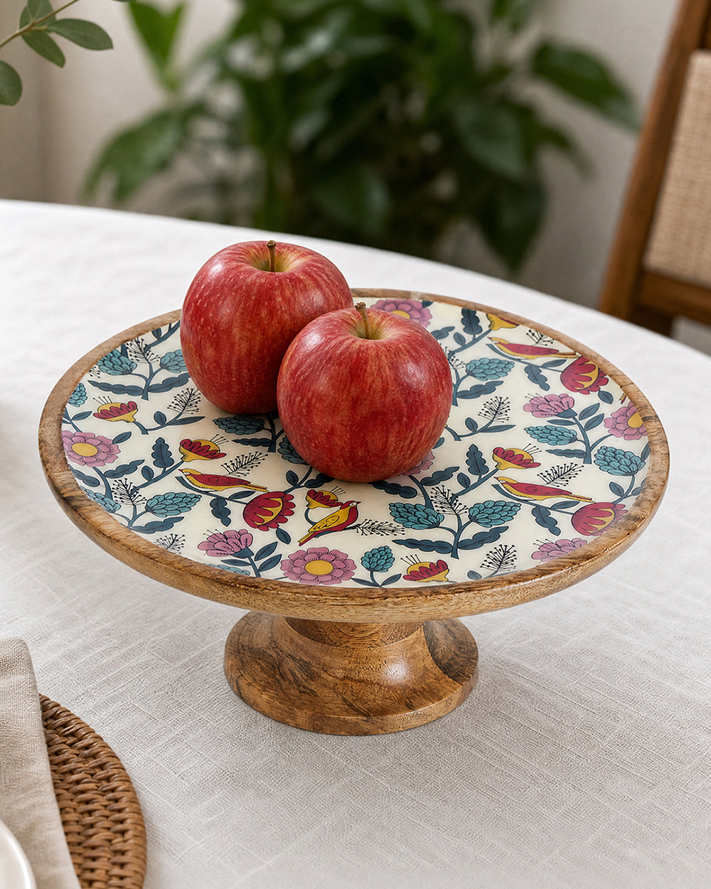 Country Wooden Cake stand - Floral, 9.74” x 9.74” x 5”
