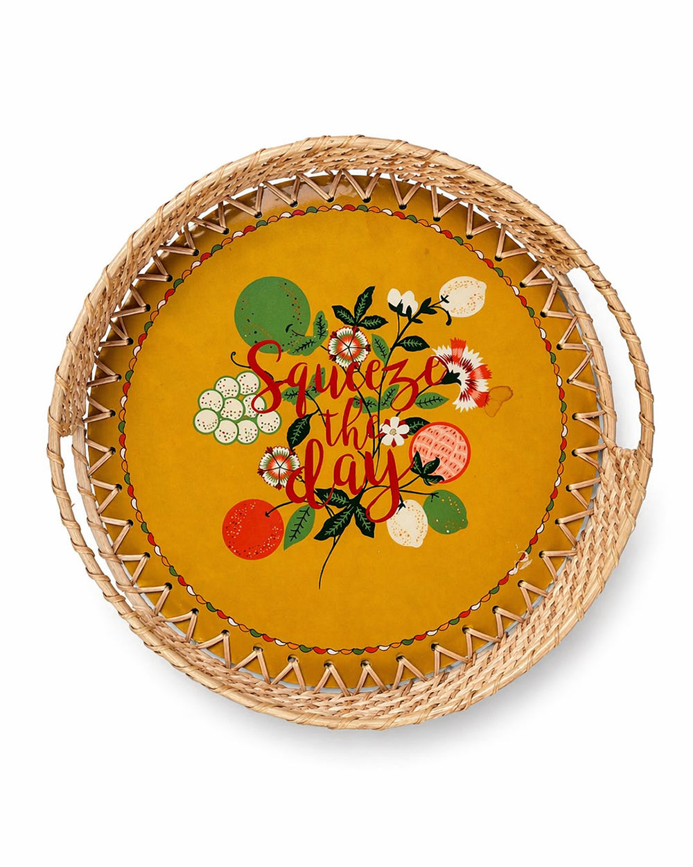 Squeeze the Day Rattan Carry Tray ( Round) | Citrus Zest