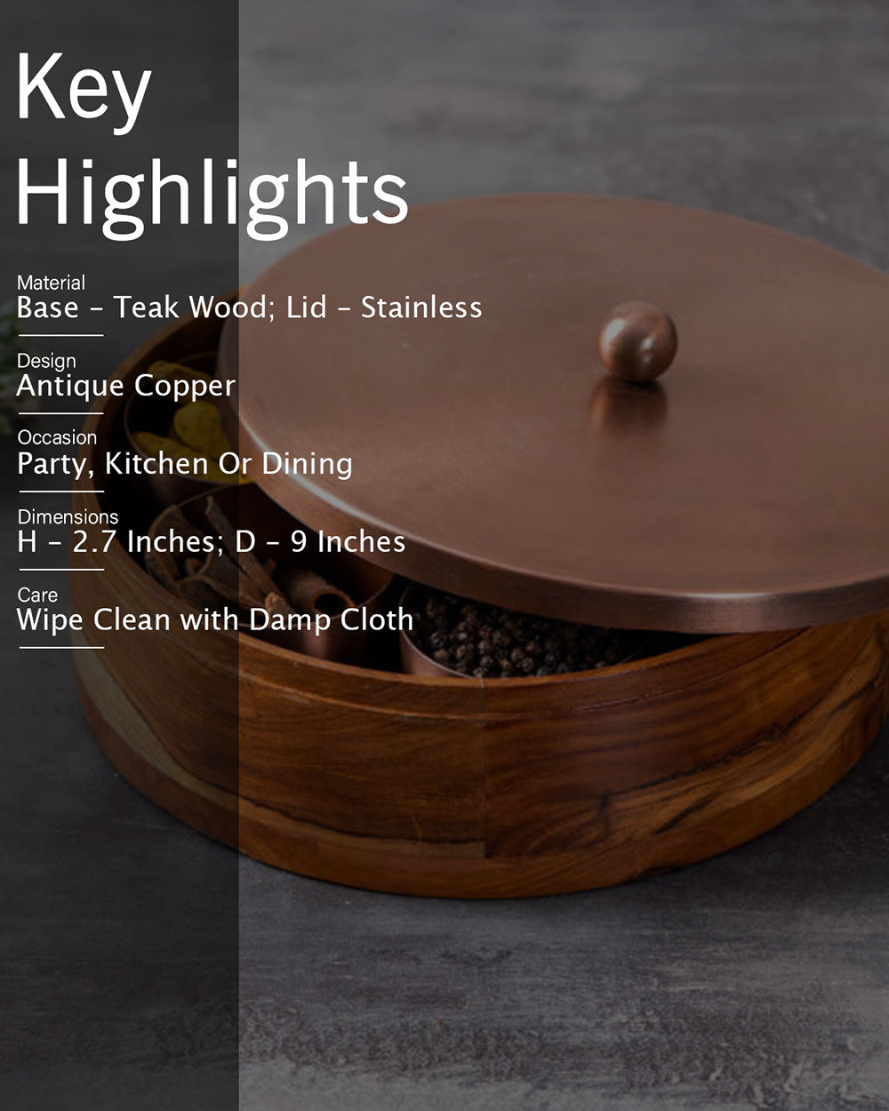 Classic Acacia Wood Masala Box - Copper